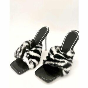 Stylish Black and White Fur Heeled Sandals
